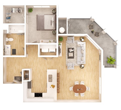 a 3D floorplan of a one bedroom apartment